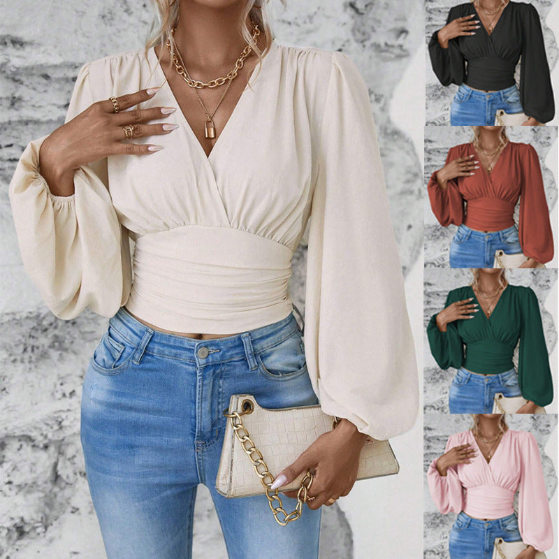 Damen Wickel-Cropped-Top mit geraffter Taillenpartie und weiten Ballonärmeln Echo Archiv
