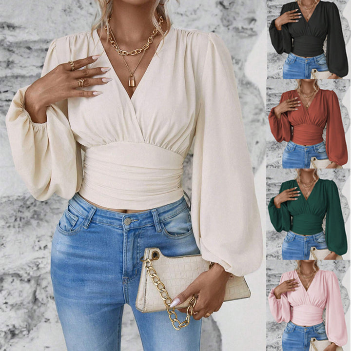 Damen Wickel-Cropped-Top mit geraffter Taillenpartie und weiten Ballonärmeln Echo Archiv