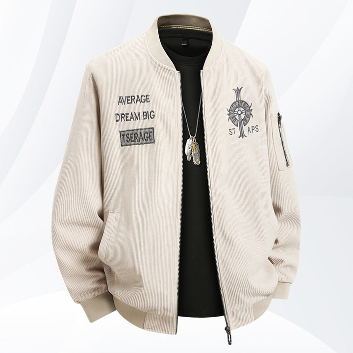Men's textured ribbed bomber jacket with embroidered chest crest and zip sleeve pocket – Brevano