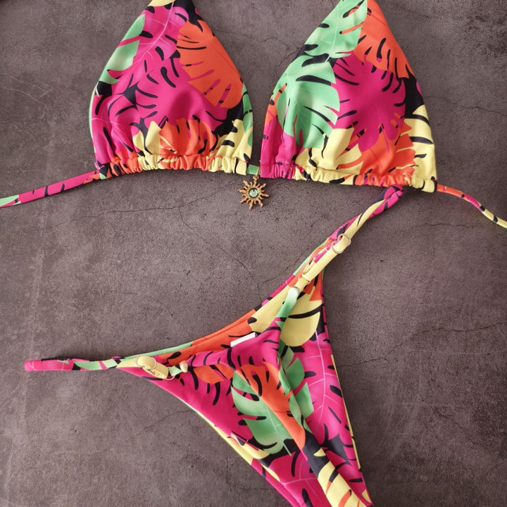 Damen Triangel-Bikini mit tropischem Blättermuster Echo Archiv