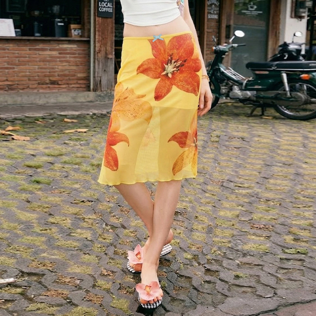 Damen Midi-Rock mit floralem Chiffon und elastischem Bund Echo Archiv
