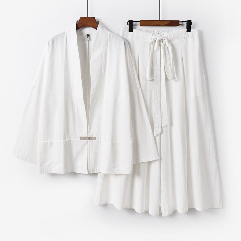 Damen Zen-inspiriertes Kimono-Set aus fließender Viskose mit kurzer Jacke und weiter Culotte-Hose Echoarchiv