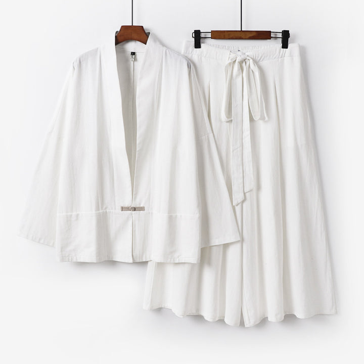 Damen Zen-inspiriertes Kimono-Set aus fließender Viskose mit kurzer Jacke und weiter Culotte-Hose Echoarchiv