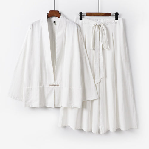 Damen Zen-inspiriertes Kimono-Set aus fließender Viskose mit kurzer Jacke und weiter Culotte-Hose Echoarchiv