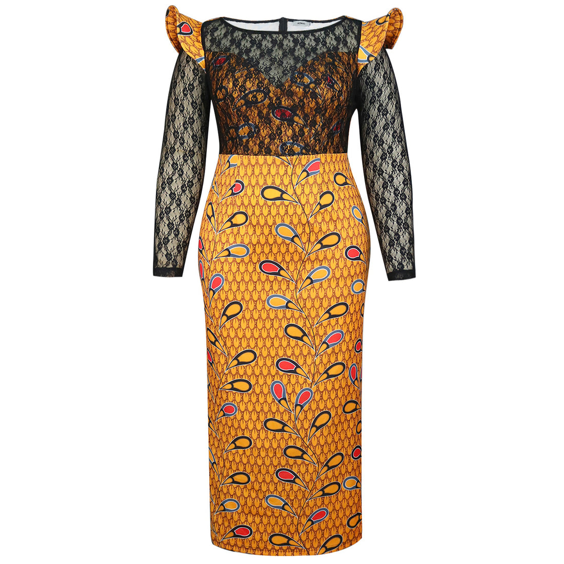 Damen Elegantes Langarmkleid mit floralem Muster und transparenter Spitzeneinlage – Élara
