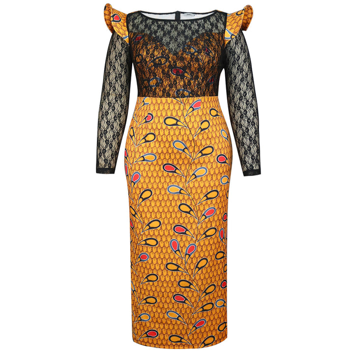 Damen Elegantes Langarmkleid mit floralem Muster und transparenter Spitzeneinlage Echo Archiv