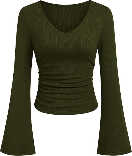 Damen Geripptes Cropped-Top mit V-Ausschnitt, taillierter Raffung und ausgestellten Trompetenärmeln – Orélia