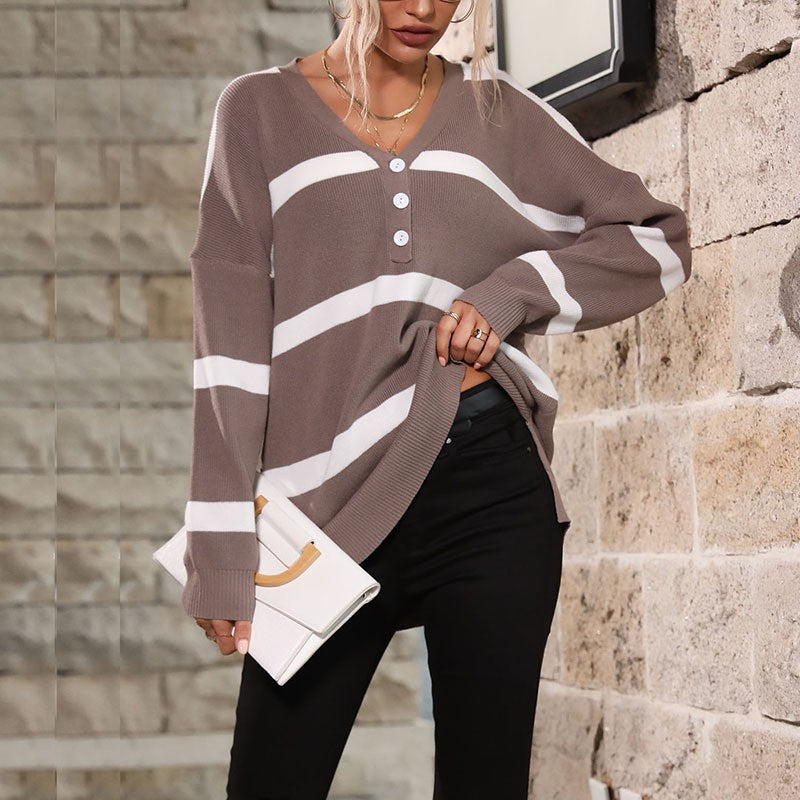 Damen Lässiger Strickpullover mit V-Ausschnitt und Knopfleiste Echo Archiv