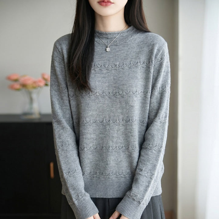 Damen Leichter Ajourstrick-Pullover mit kurzem Stehkragen und feinem Rippsaum Echoarchiv