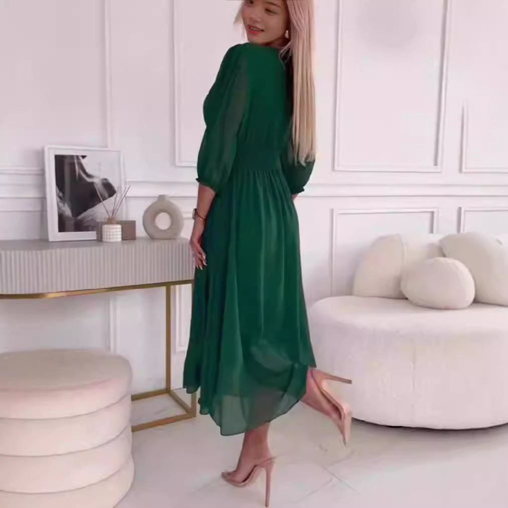 Damen Chiffon Maxi Kleid mit V-Ausschnitt, Rüschengesäß und 3/4 Ärmeln Echoarchiv