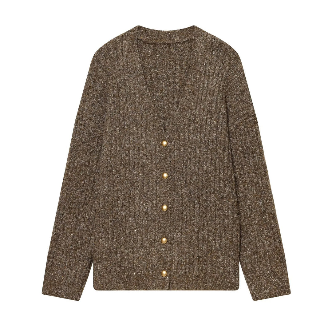 Damen Grobgestrickter V‑Neck Cardigan mit Perlmuttknöpfen und melierter Tweedoptik Echo Archiv
