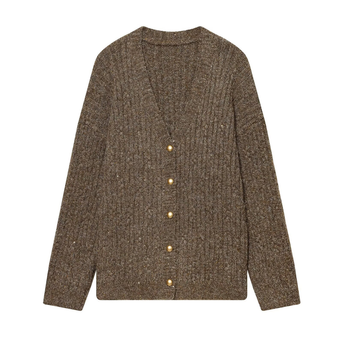 Damen Grobgestrickter V‑Neck Cardigan mit Perlmuttknöpfen und melierter Tweedoptik Echo Archiv