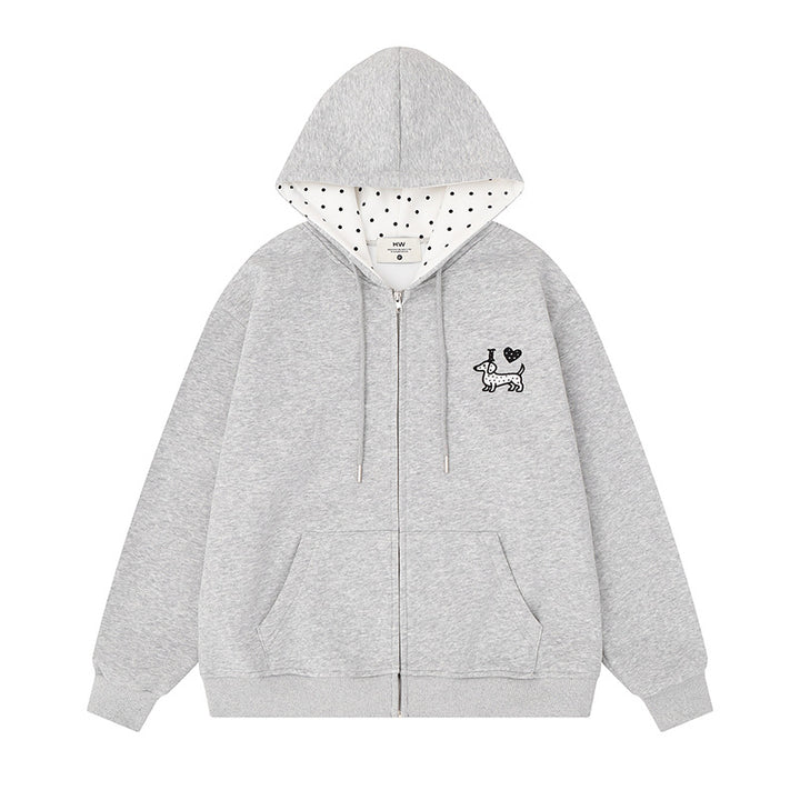 Damen Kapuzen-Sweatjacke mit gesticktem Dackel‑Motiv und gepunkteter Kapuzenfütterung Echoarchiv