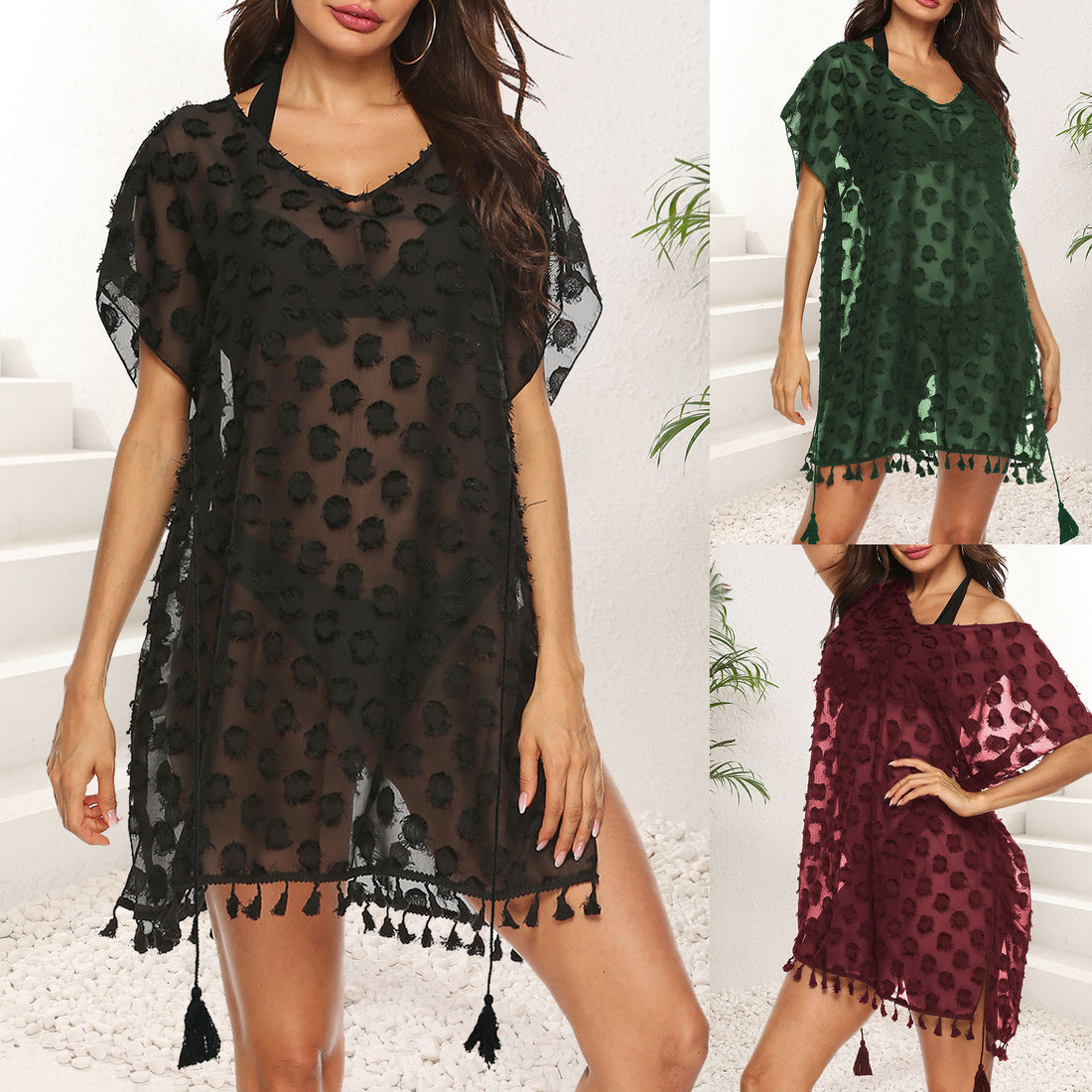 Damen transparenter Strandüberwurf mit trendy Quasten – Avérine