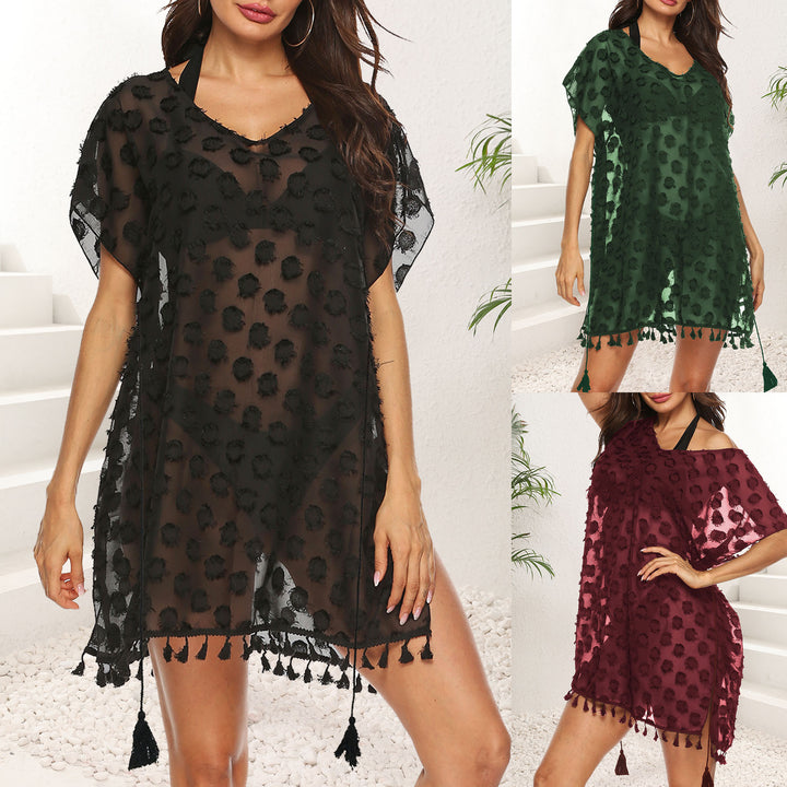 Damen transparenter Strandüberwurf mit trendy Quasten Echo Archiv