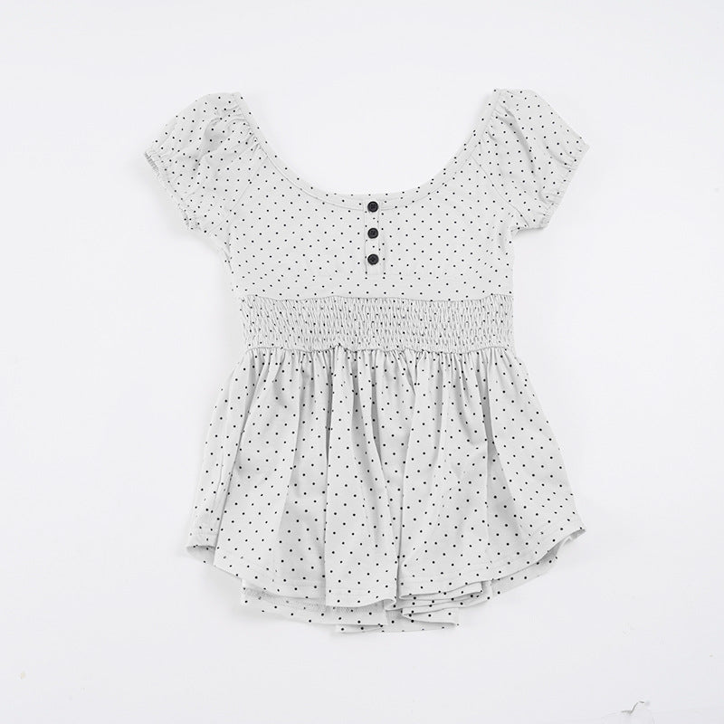 Damen Verspieltes Polka Dots Oberteil mit Rüschen und Knopfleiste Echo Archiv