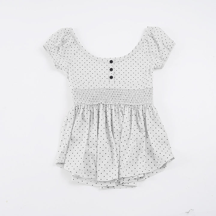 Damen Verspieltes Polka Dots Oberteil mit Rüschen und Knopfleiste Echo Archiv