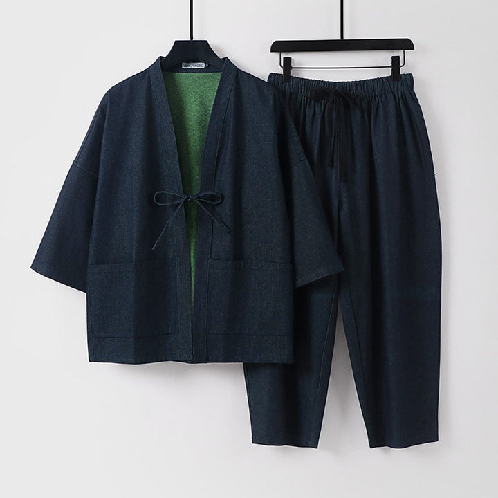 Unisex Lässiges Denim-Kimono-Set mit kurzarm Jacke, Bindeband und elastischer Bundhose Echoarchiv