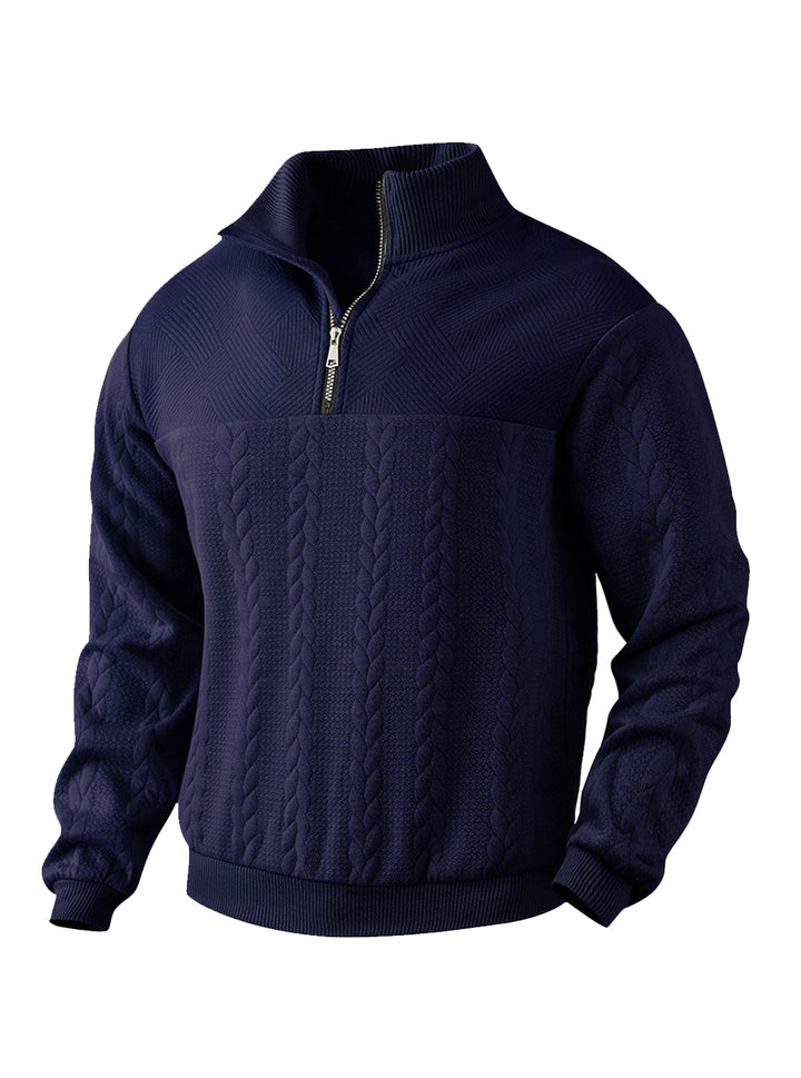 Herren nan texturierter Strickpullover mit Halbzip, geflochtenem Zopfmuster und hohem Stehkragen Echo Archiv