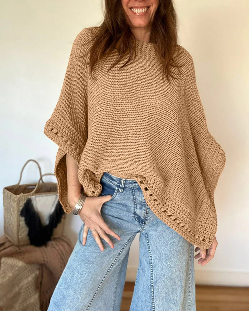 Damen Leichtes Oversize Strickponcho mit Häkelkante – Veloura