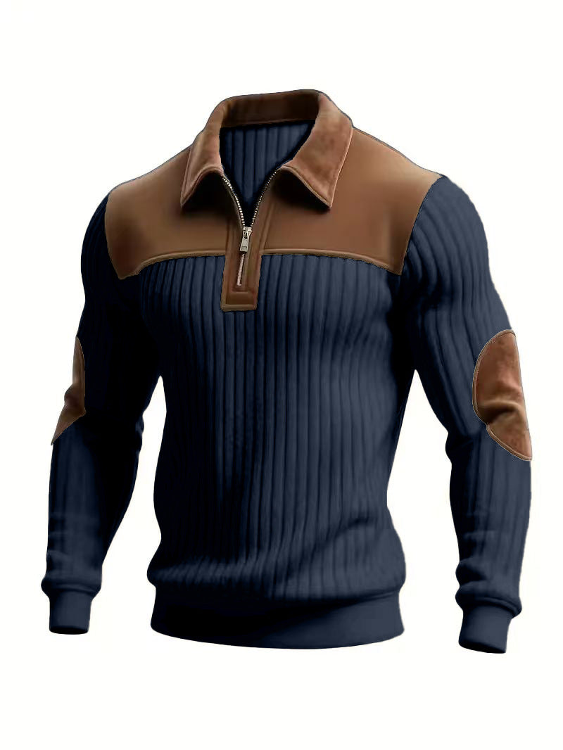 Herren nan gerippter Halbzip-Pullover mit kontrastierenden Lederapplikationen an Schultern und Ellenbogen Echo Archiv
