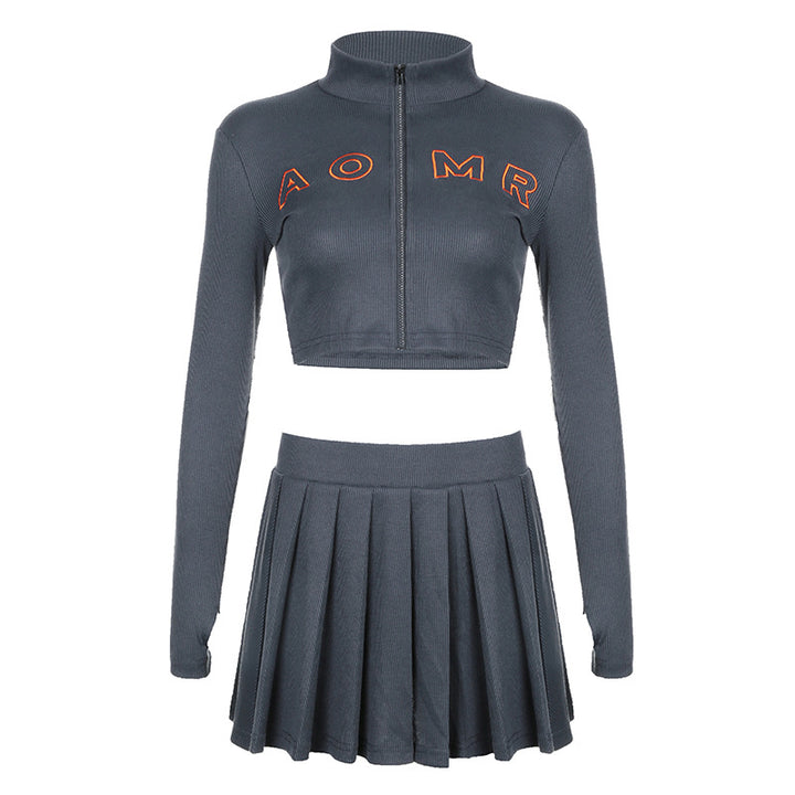 Damen nan geripptes zweiteiliges Crop-Set mit Reißverschluss, Stehkragen und plissiertem Faltenrock Echo Archiv
