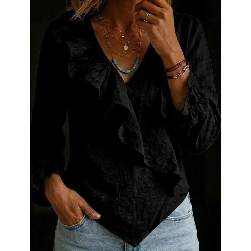 Damen Volant‑Bluse im Leinenlook mit Wickeloptik und asymmetrischem Zipfelsaum Echoarchiv