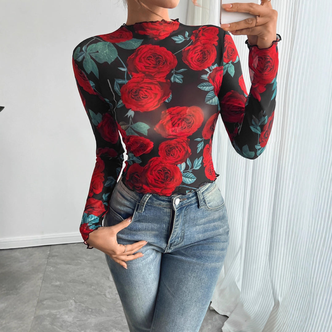 Damen nan figurbetontes Netz-Langarmshirt mit Rosenmotiv, Stehkragen und Wellensaum Echo Archiv