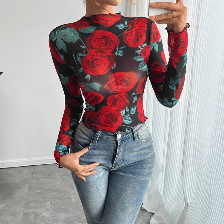 Damen nan figurbetontes Netz-Langarmshirt mit Rosenmotiv, Stehkragen und Wellensaum Echo Archiv