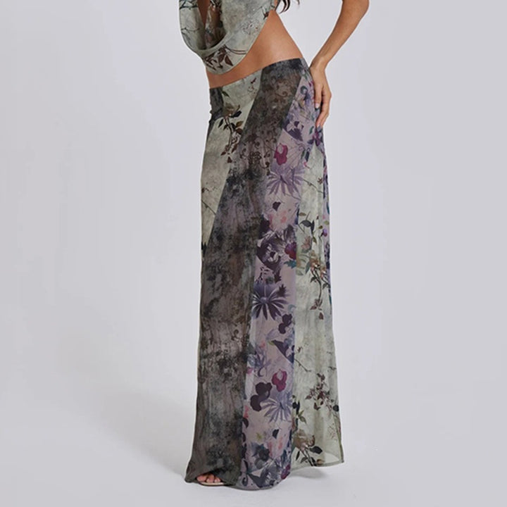 Damen Langer Maxirock mit diagonalen Patchwork-Prints und schlanker A-Linie Echo Archiv