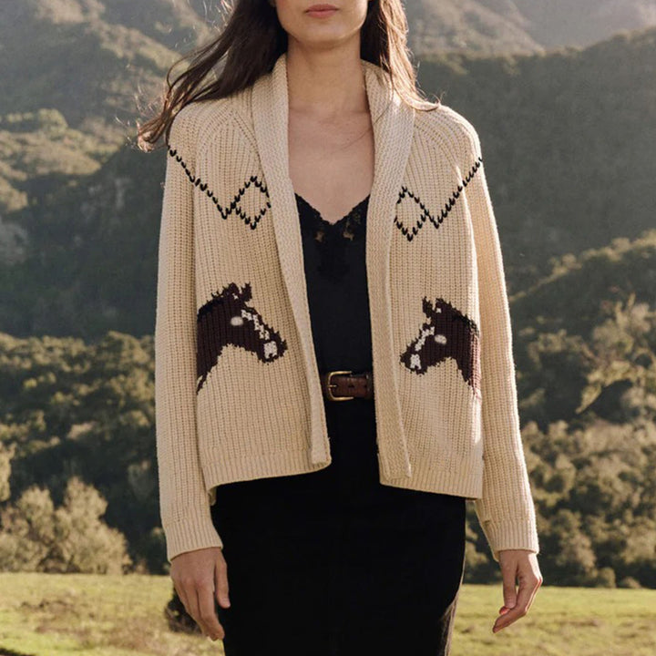 Damen Grobstrick-Cardigan mit Reverskragen und Pferde‑Intarsie Echoarchiv