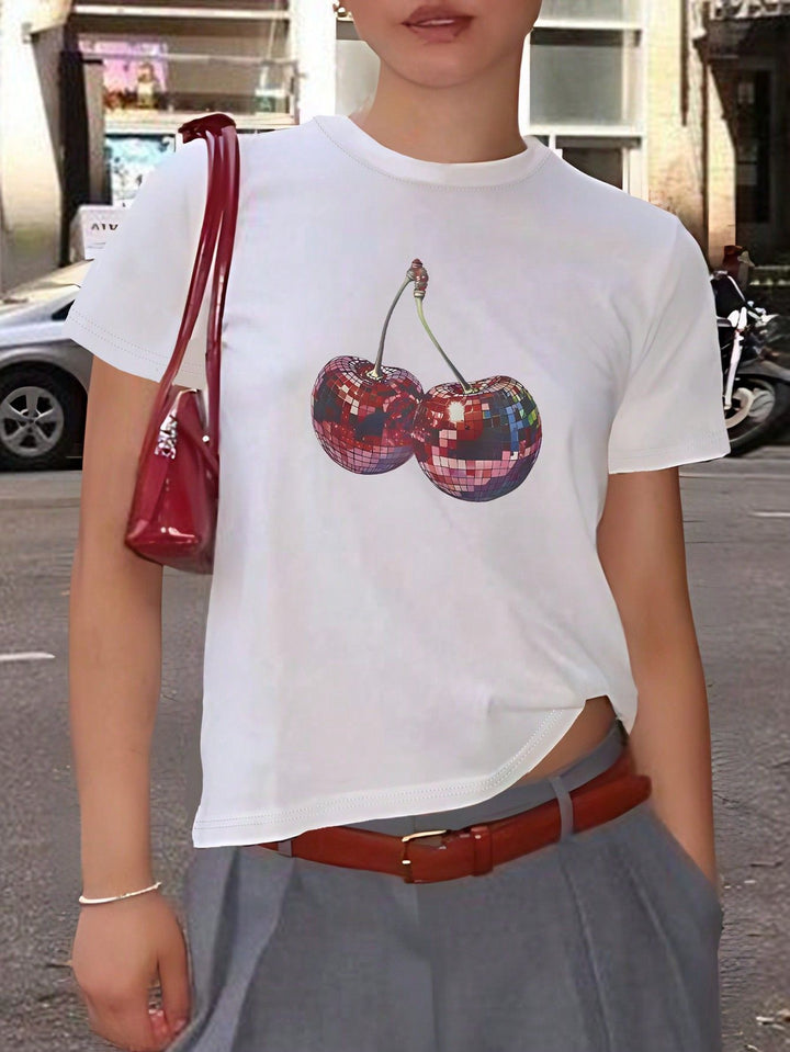 Damen T-Shirt mit kreativem Kirschmotiv und funkelndem Glitzereffekt Echo Archiv
