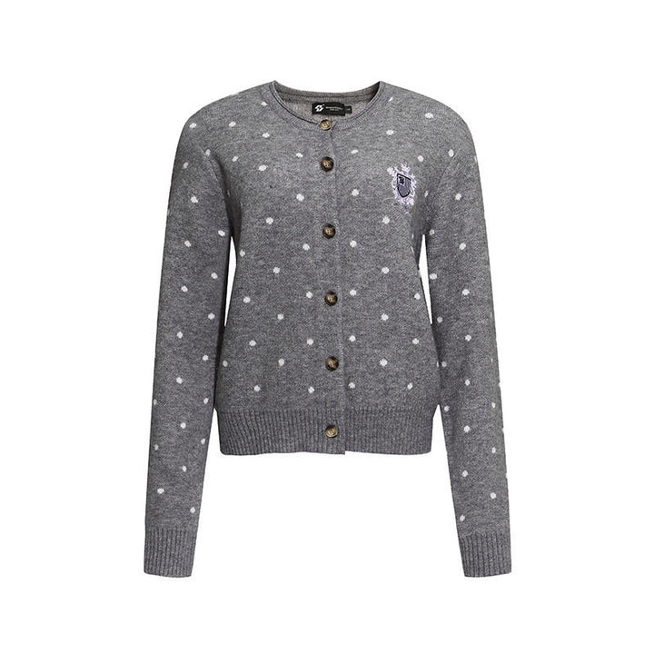 Damen Strick-Cardigan mit Rundhals, Tupfen-Jacquard und Zierwappen Echoarchiv