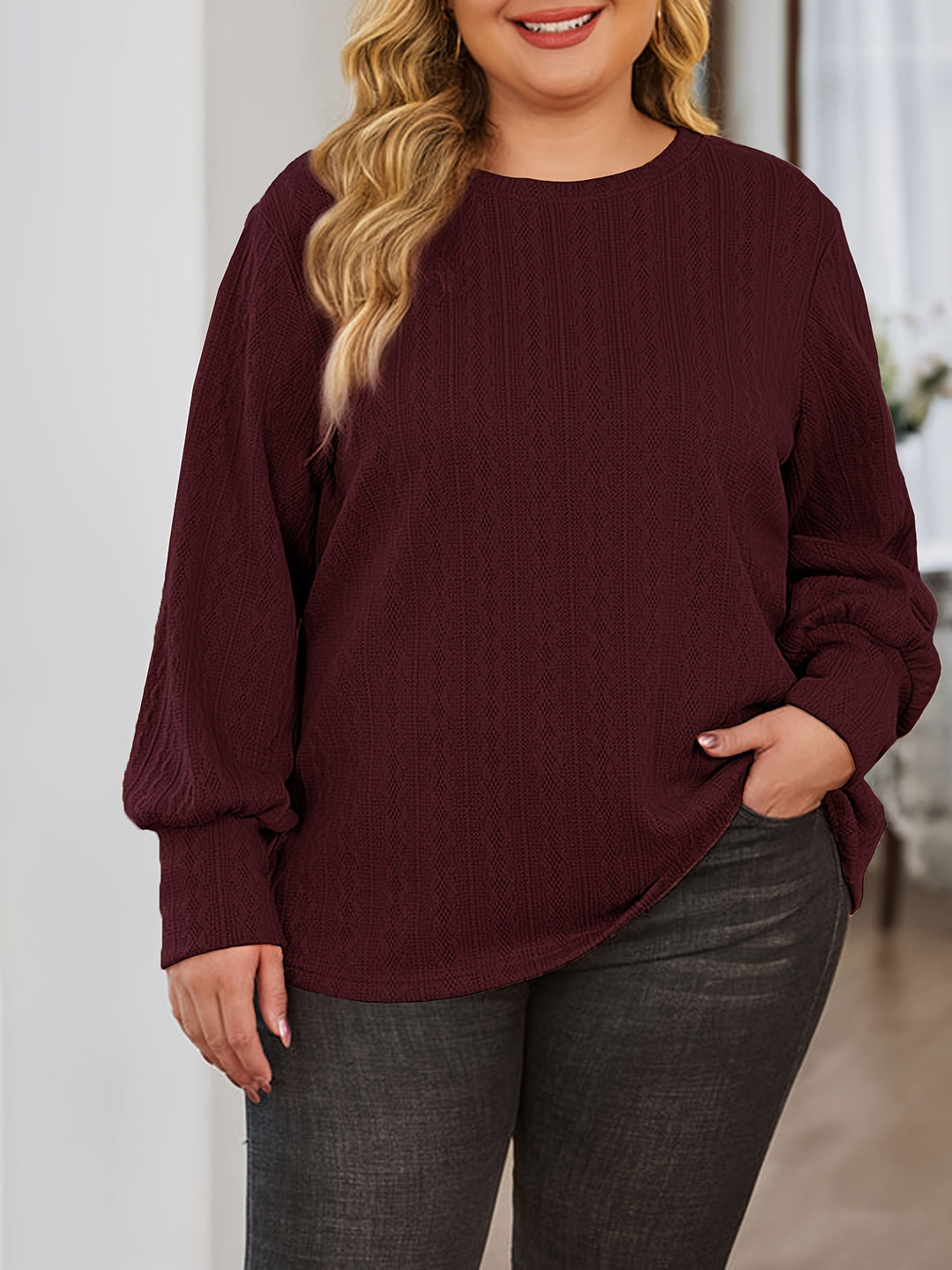 Damen Texturierter Oversize-Strickpullover mit Rundhalsausschnitt und Ballonärmeln Echoarchiv
