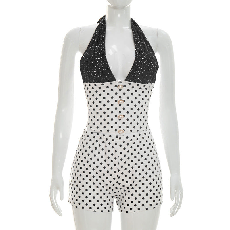 Damen eleganter Jumpsuit mit tiefem V-Ausschnitt und Perlenknopfdetails Echo Archiv