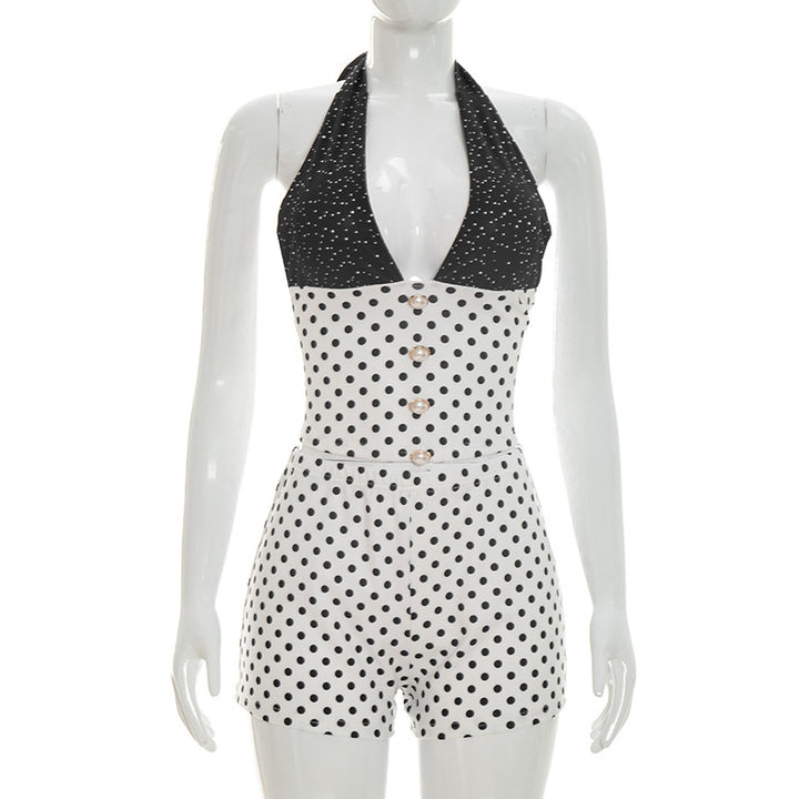 Damen eleganter Jumpsuit mit tiefem V-Ausschnitt und Perlenknopfdetails Echo Archiv
