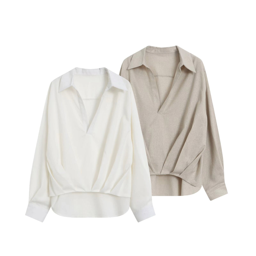 Damen Oversize Leinenoptik-Bluse mit tiefem V‑Ausschnitt, Hemdkragen und gerafftem Vorderteil Echo Archiv