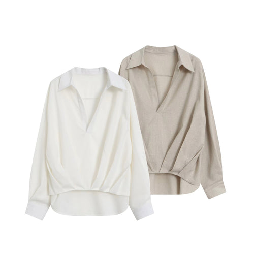 Damen Oversize Leinenoptik-Bluse mit tiefem V‑Ausschnitt, Hemdkragen und gerafftem Vorderteil Echo Archiv