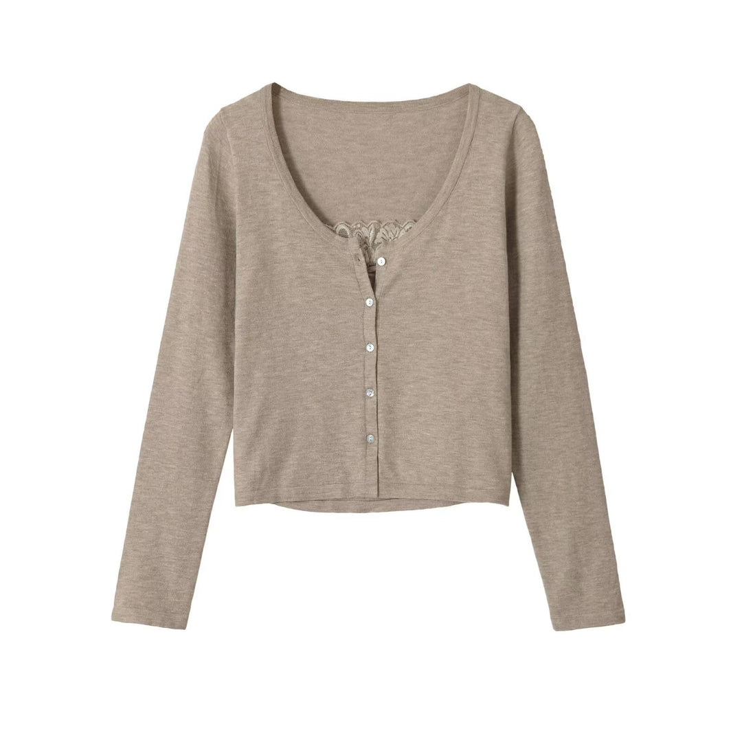 Damen Feine Knopfjacke mit Spitzen-Detail und U-Boot-Ausschnitt Echo Archiv