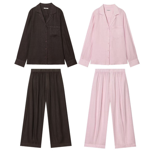 Damen Zweiteiliges Loungewear-Set aus Leinenoptik mit lockerem Pyjama‑Hemd und weiter Palazzo‑Hose Echo Archiv