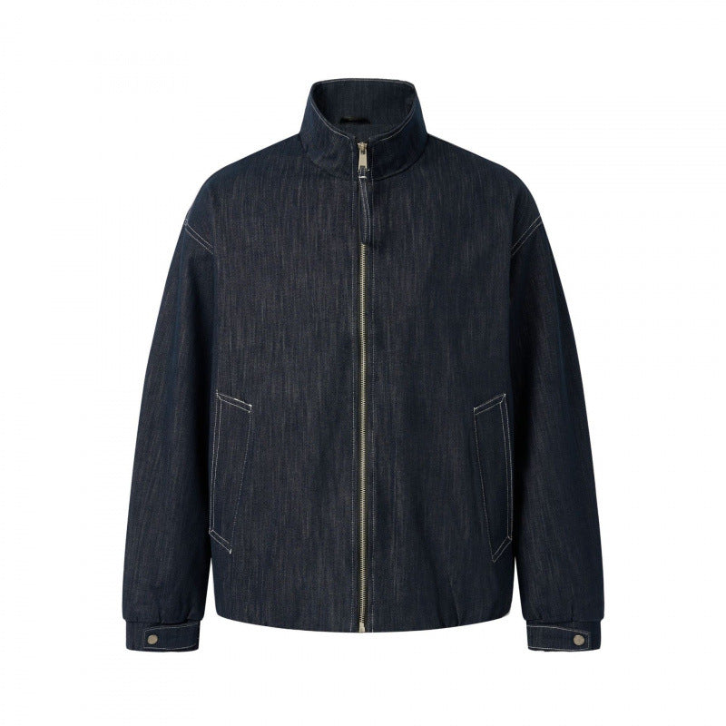 Unisex Kastenförmige Jeans-Blousonjacke mit Stehkragen, Reißverschluss und elastischem Saum Echo Archiv