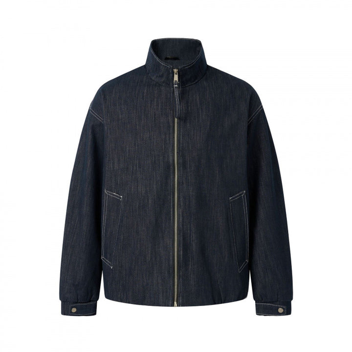 Unisex Kastenförmige Jeans-Blousonjacke mit Stehkragen, Reißverschluss und elastischem Saum Echo Archiv