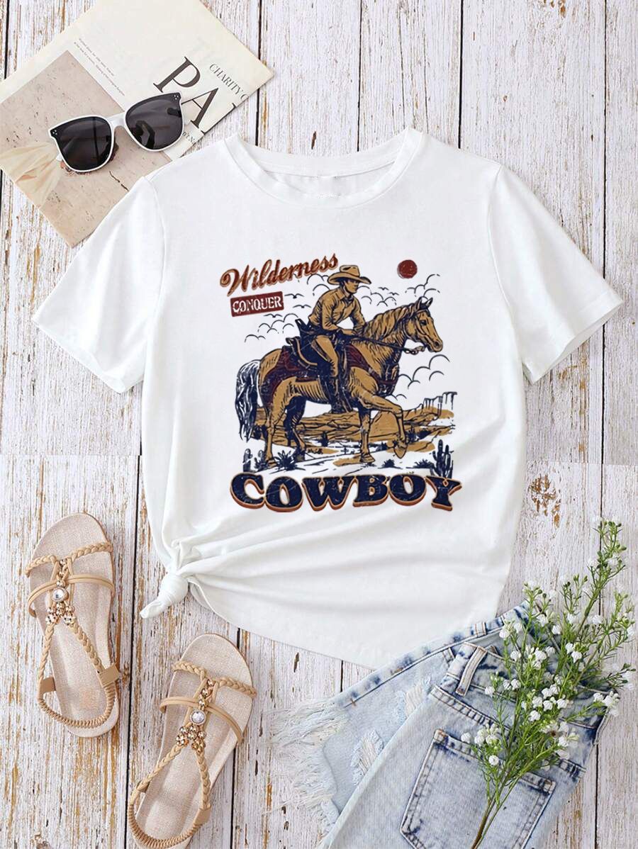 Damen T-Shirt mit kreativem Grafikdruck und luxuriösen Paillettenakzenten Echo Archiv