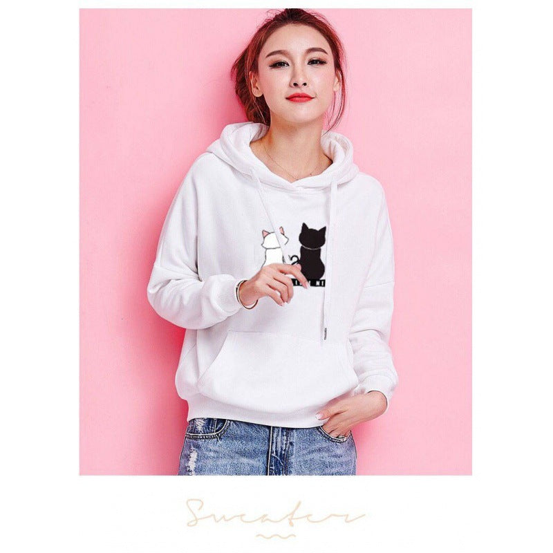Damen Kapuzenpullover mit Katzen-Print, lockerem Schnitt und Kängurutasche – Auréline