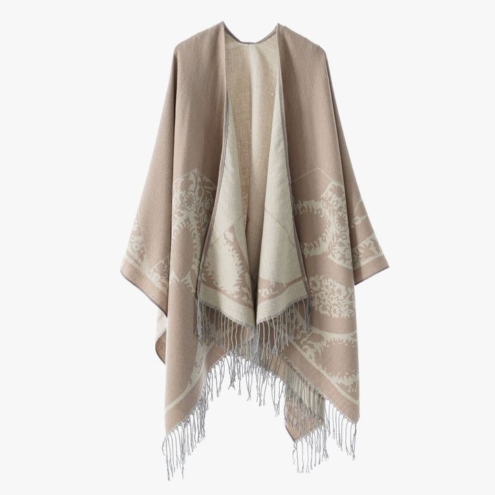 Damen Wendbarer Feinstrick-Poncho mit Jacquardmuster und Fransensaum Echo Archiv