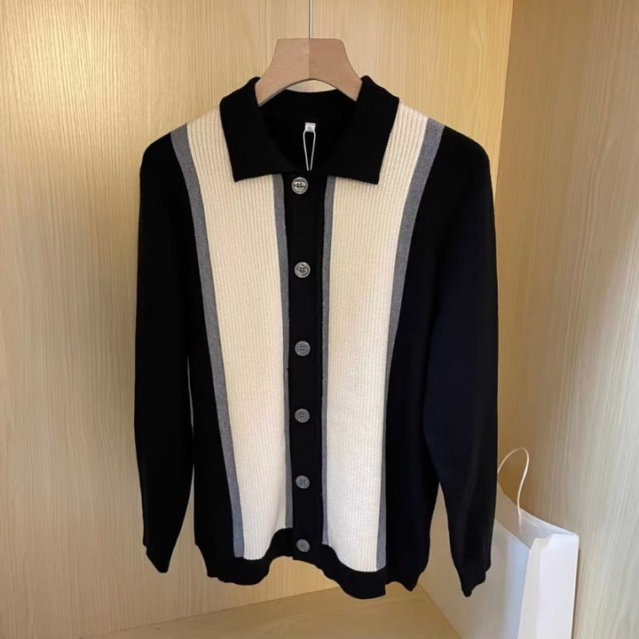 Damen Feinstrick-Cardigan mit Polokragen, kontrastierenden Rippeinsätzen und durchgehender Knopfleiste Echoarchiv