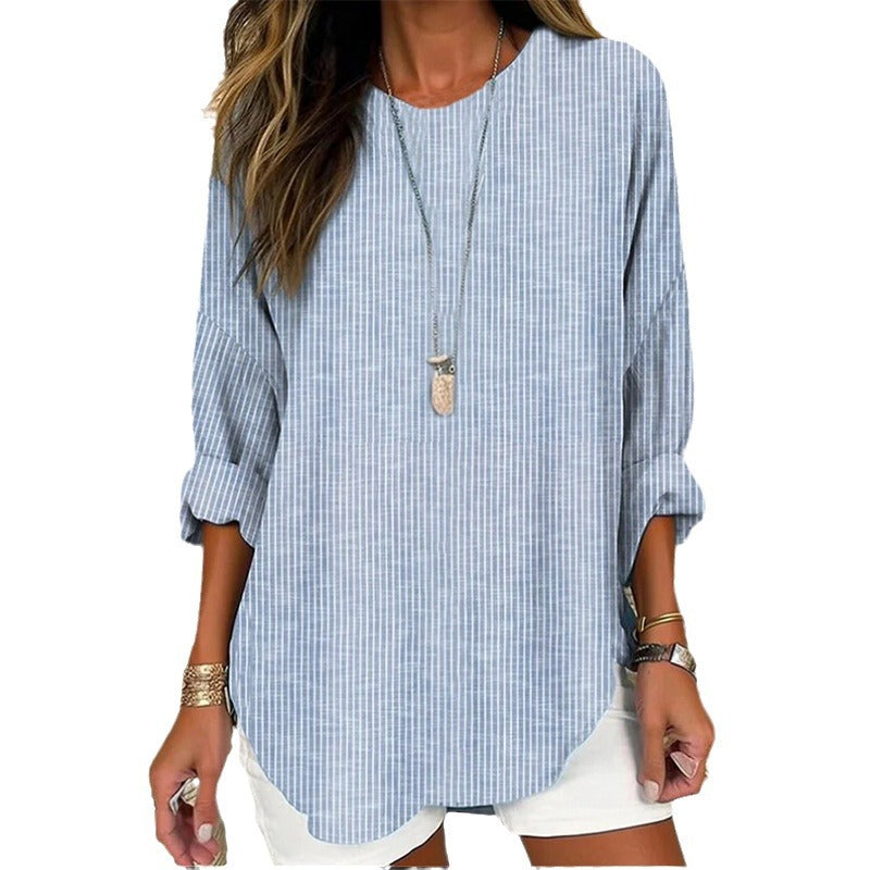 Damen Casual Leinenlook Lange Bluse mit feinen Streifen Echoarchiv