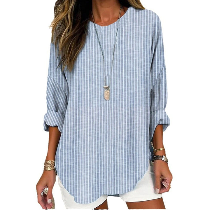 Damen Casual Leinenlook Lange Bluse mit feinen Streifen Echoarchiv