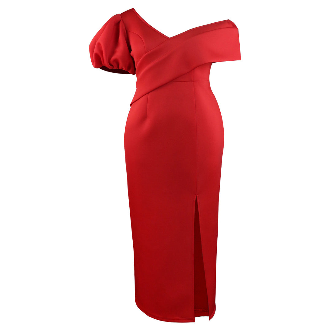 Damen Elegantes Maxikleid mit asymmetrischem Ausschnitt und voluminösen Puffärmeln Echo Archiv