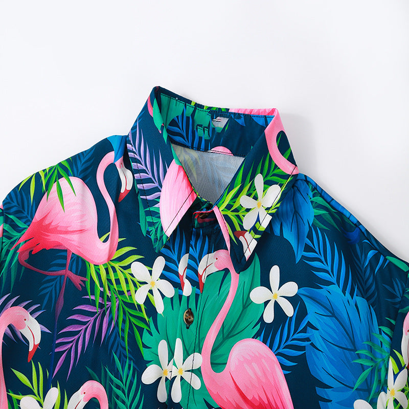 Herren Kurzarmhemd mit lebendigem Flamingo-Muster und atmungsaktiver Baumwolle Echoarchiv